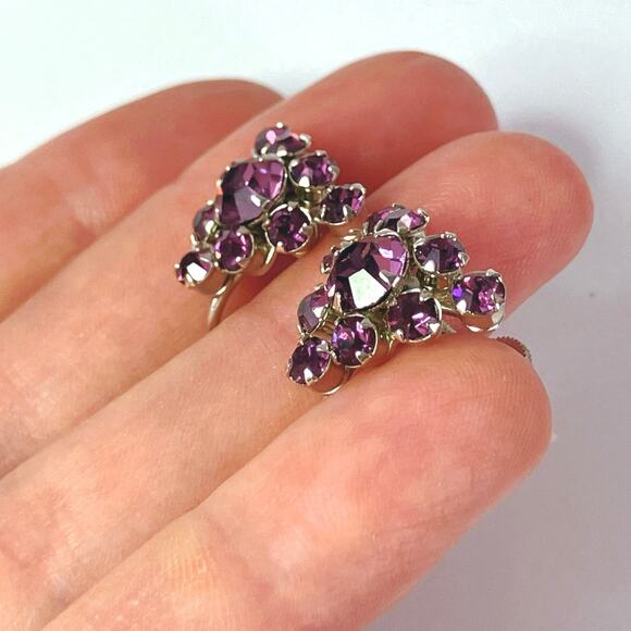 Vintage 1950s Earrings Purple Rhinestone Screw Back Mid Century Jewelry - Picture 13 of 13